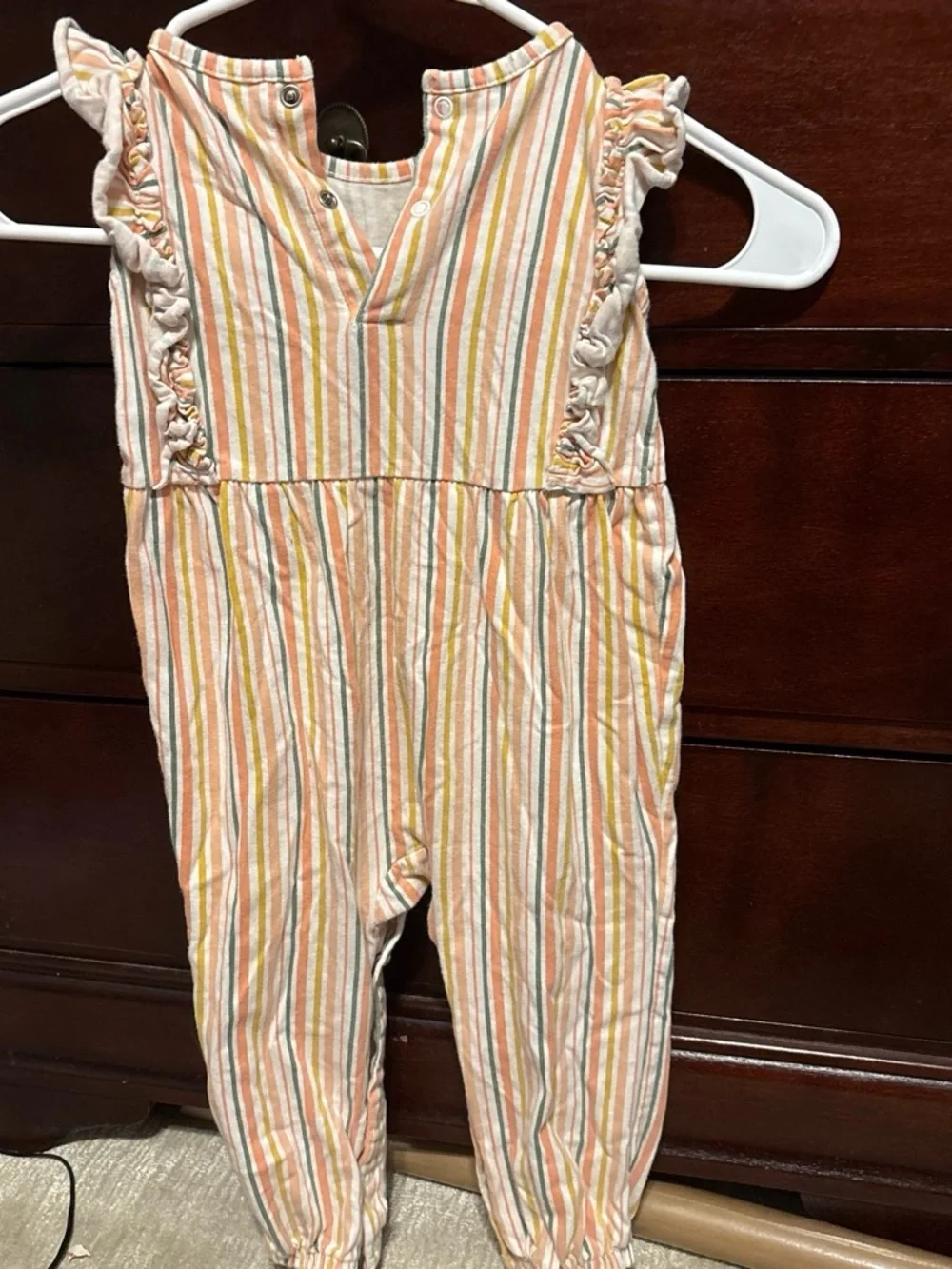 Striped Ruffle-Shoulder Romper in Peach, Yellow & Light Green
